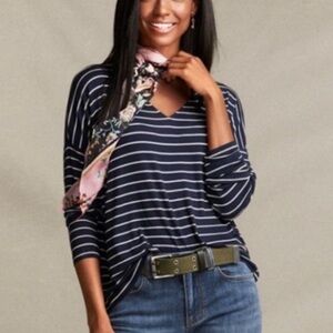 Cabi Navy & White Stripes Long Sleeve V-Neck Top XS